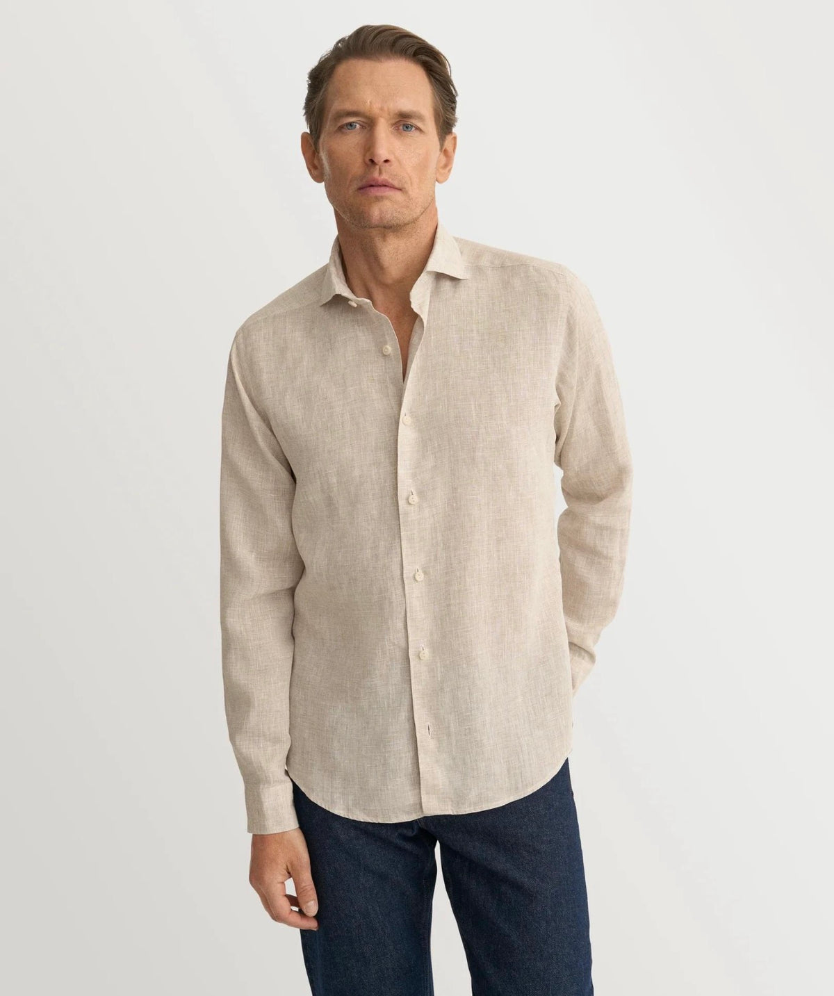 Men’s Premium Linen Shirt – Long Sleeve Button-Up Casual & Smart Casual Beige Shirt