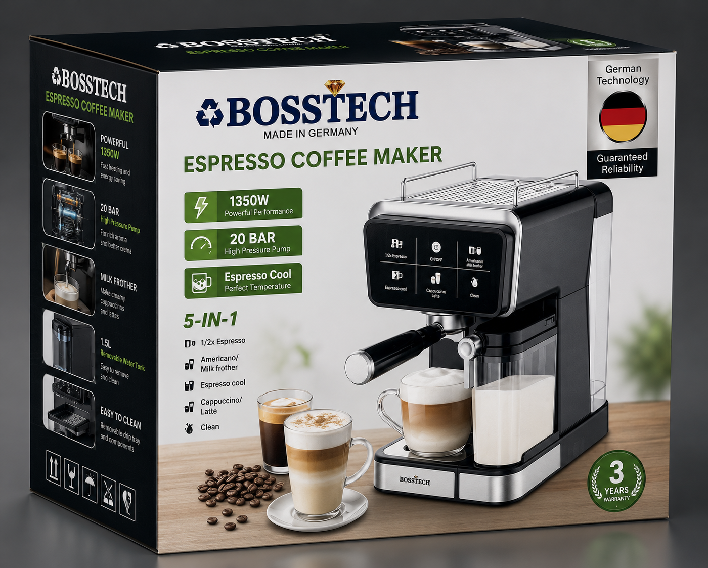 BOSSTECH 5-in-1 Espresso Coffee Maker – 1350W, 20 Bar